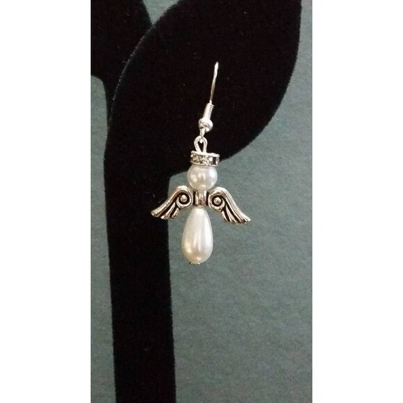 White Pearl and Silver-tone Beaded Angel Earrings - Picture 4 of 5